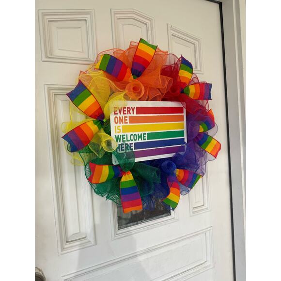 Everyone is Welcome Here Rainbow Pride Flag LGBTQ Sign Mesh Ribbon Wreath - Picture 5 of 8